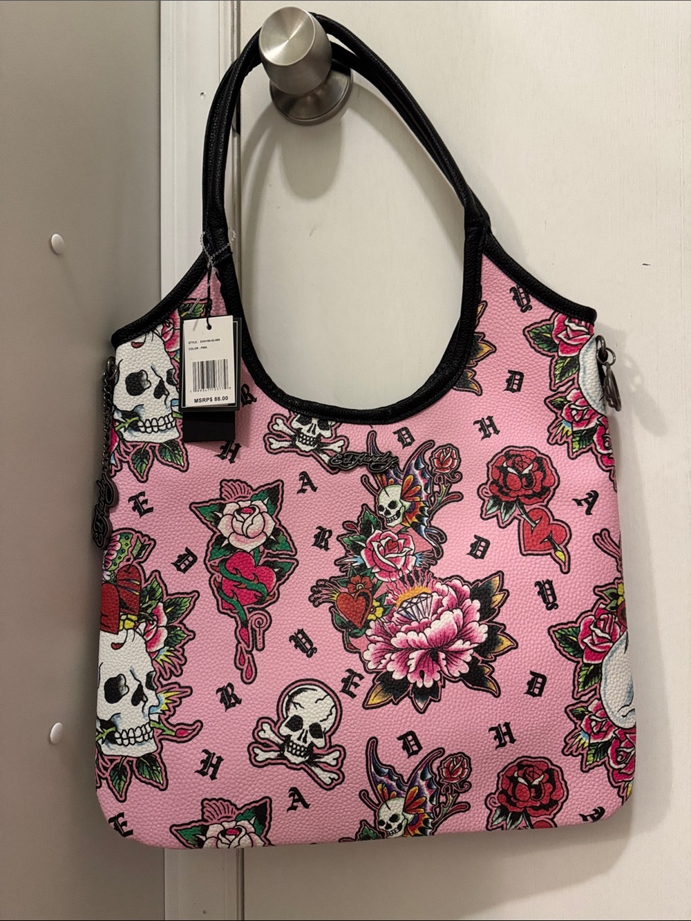 NWT Ed Hardy: Women's Faux Leather Tote Bag (Skull Rose Pink) - Picture 4 of 14
